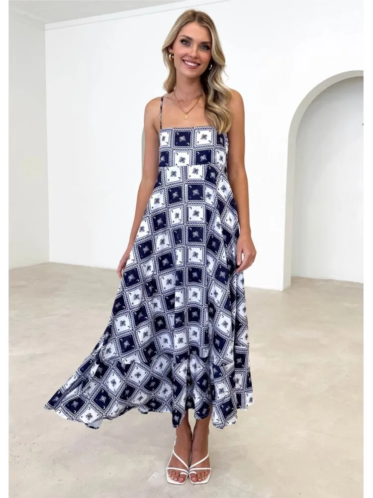 

Sexy Printed Spaghetti Strap Long Dresses For Women Sleeveless Backless A-Line Maxi Dress Female Casual Vacation Beach Vestidos