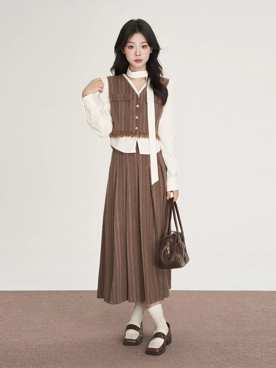 

Korea Elegant Dresses Women Fake 2pecs Korean Style Vintage Midi Bow Turn-down Collar Spring Fashion Preppy Chic