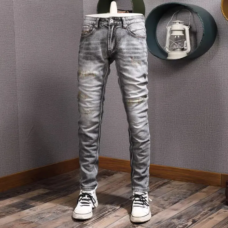 

Newly Designer Fashion Men Jeans High Quality Retro Gray Stretch Slim Fit Ripped Jeans Men Embroidery Vintage Denim Pants Hombre