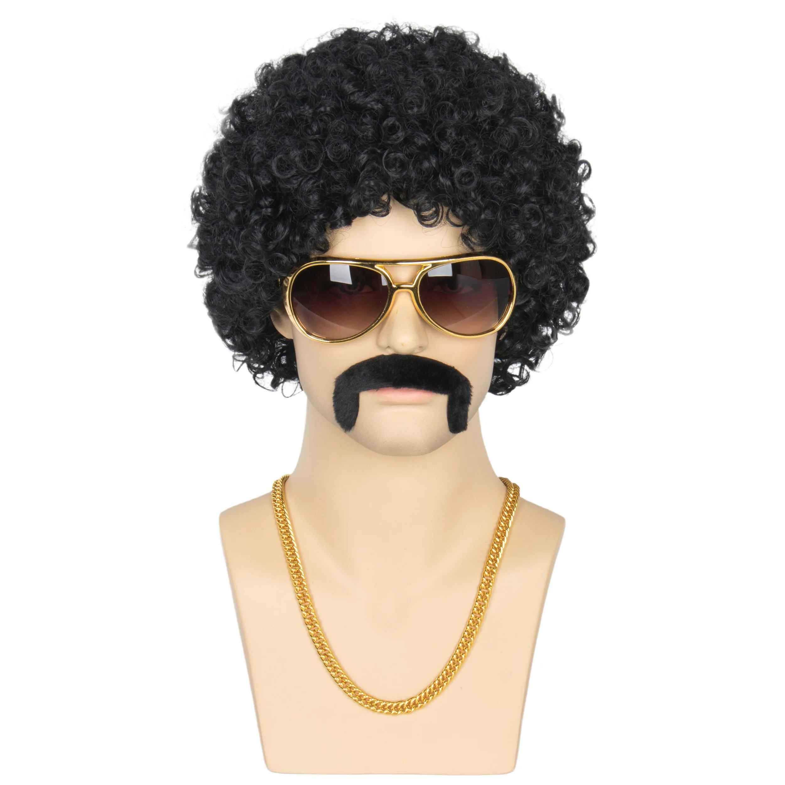 

Miss U Hair Afro Wig Men 70s Wig Halloween Disco Wig Short Black Curly Afro Party Wigs with Necklace Glasses Mustache