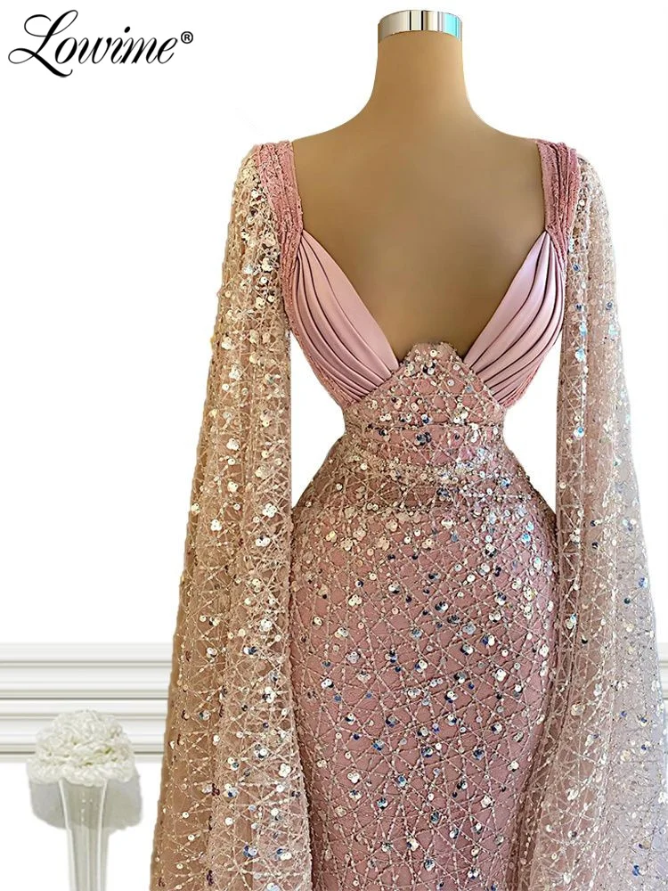 

Dubai Design Cape Sleeves Long Evening Dresses Sequined Pink Ceremony Party Dress For Weddings 2022 Customize Prom Dresses Robes