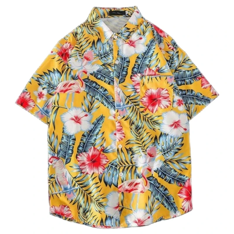 

Summer Men's Lapel Short Sleeve Floral Shirt Fashion Handsome Casual Loose Fitting Versatile Hawaiian Printed Beach Shirt