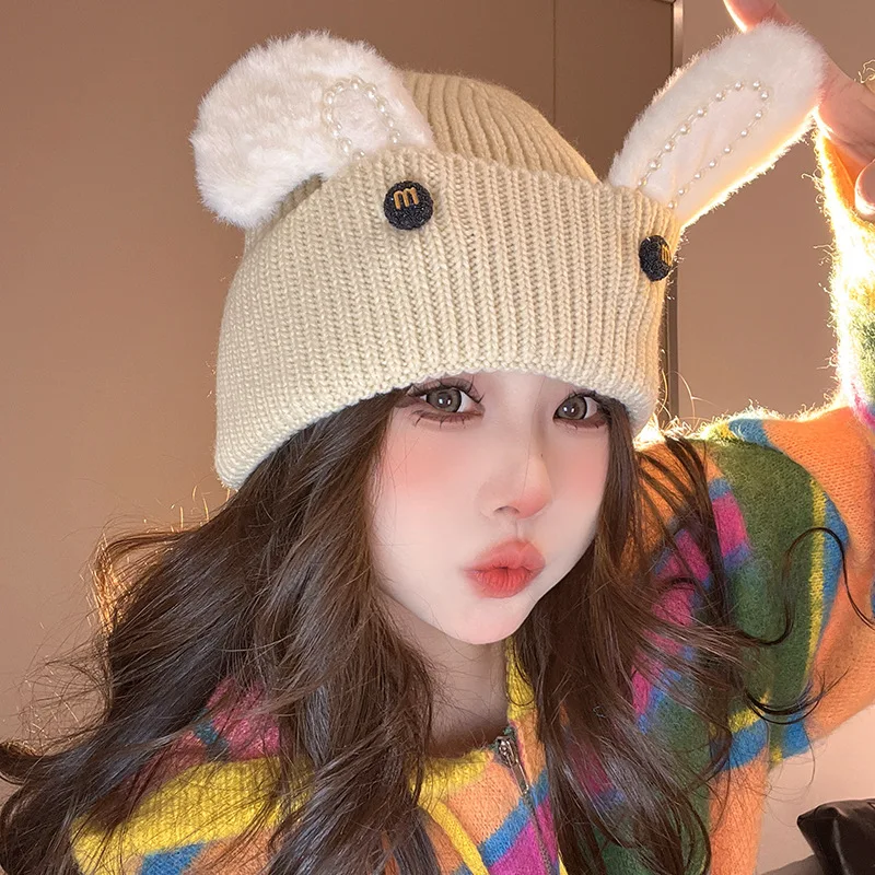 

Korean Autumn Winter Warm Big Head Circumference Acrylic Hat Women's Cute Rabbit Ears Knitted Hats Elastic Skull Beanie Bonnet