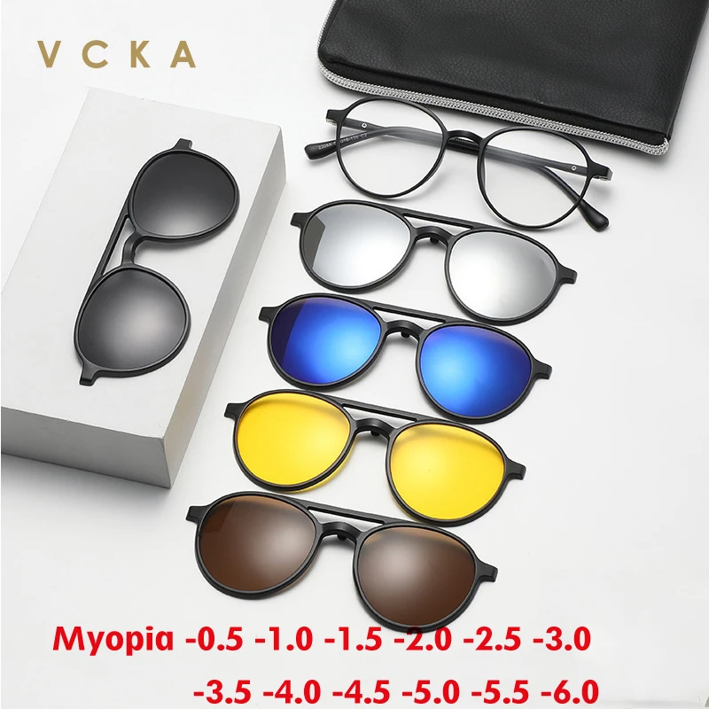 

Мужские и женские очки для близорукости VCKA, круглые поляризационные солнцезащитные очки 6 в 1 с магнитным зажимом, оптические оправы для очков по рецепту от-0,5 до-6,0