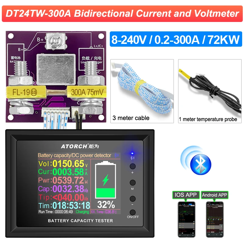 DC 8-240V 300A Battery Tester Voltage Current RVS Meter Battery Coulomb Capacity Indicator
DC 8-240V 300A Battery Tester Voltage Current RVS Meter Battery Coulomb Capacity Indicator