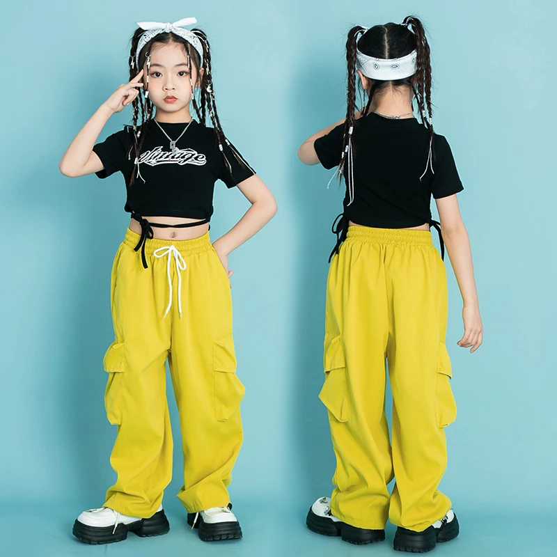 

Детская одежда Rave в стиле хип-хоп, укороченная футболка, Желтые Повседневные брюки-карго для девочек, костюм для джазовых танцев, одежда для выступлений на сцене для подростков