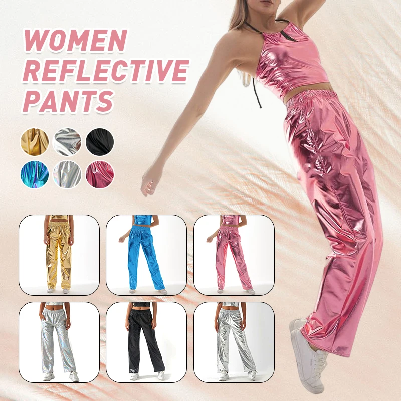 

Women Shiny Straight Leg Pants Casual Reflective Holographic Disco Pants Bottoms Elastic Waist Metallic Shiny Jogger Clubwear