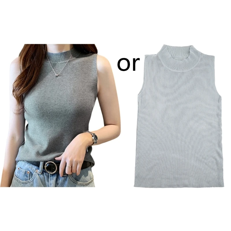 

Women Knitted for Tank Top Mock Turtleneck Sleeveless Pullover Shirts Lightweight Solid Color Bodycon Bottoming Sweater