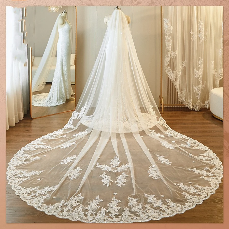 

New Arrival White Ivory Cathedral Wedding Veils Lace Appliques Boda casamento Bride velo de novias Bridal Veil