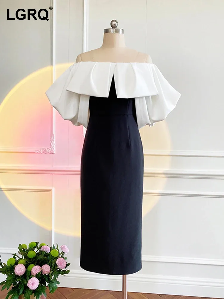 

LGRQ Women's Dress Colorblock Spliced Strapless Fashion Slash Collar High Waist Thin Elegant Dresses For Summer 2024 New 3WM622