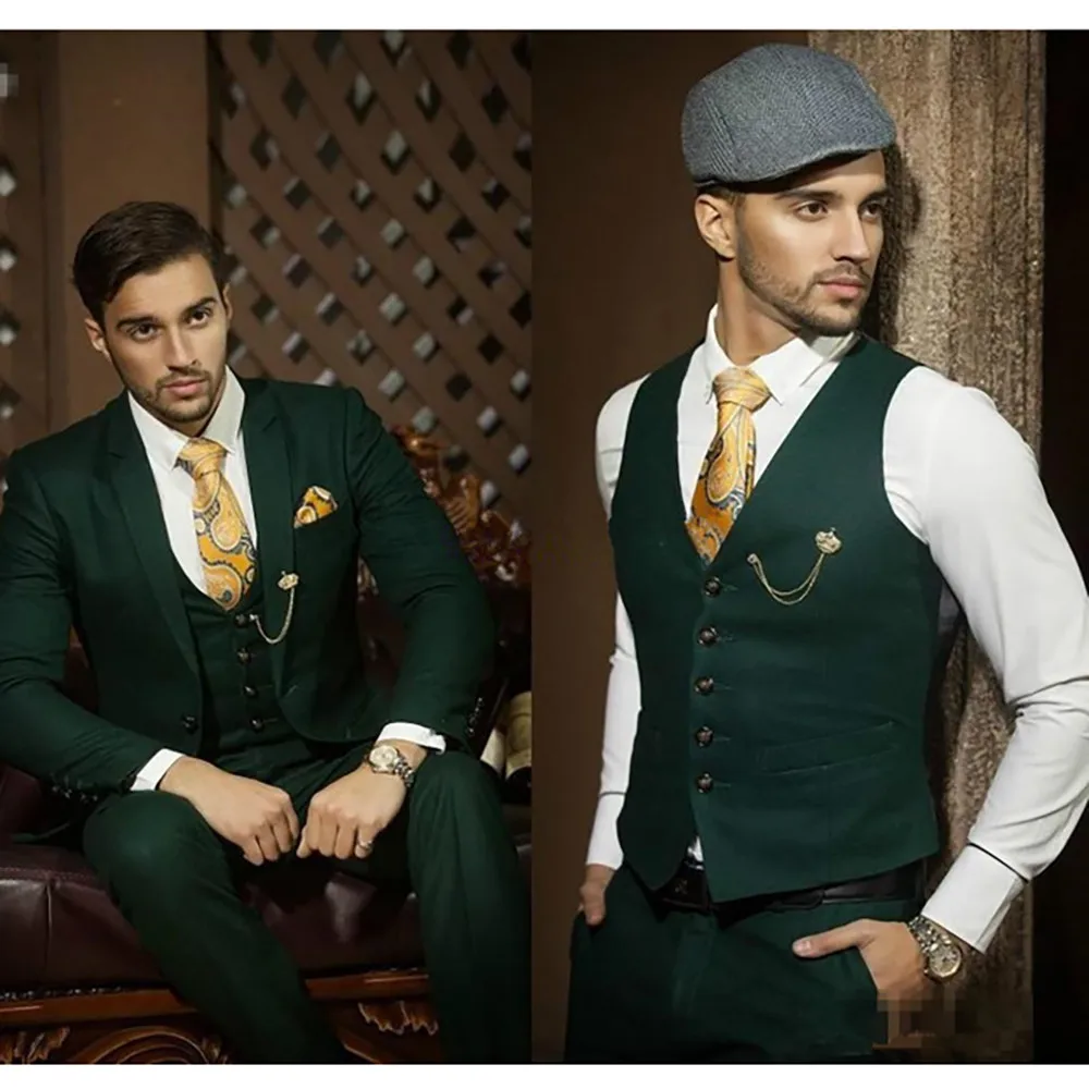 

2023 Hot Dark Hunter Green Men Suit Groom Tuxedos Notch Lapel Male Blazer Prom Suit Business Set (Jacket+Pants+Vest)