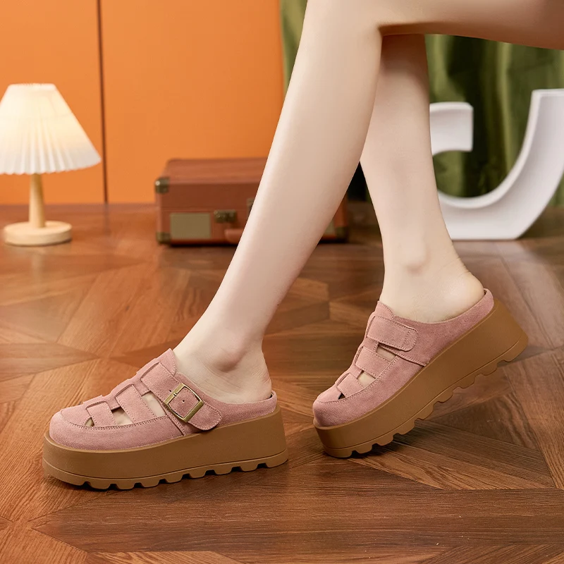 AUTUSPIN Retro Pink Mules Shoes Women Summer Hollow Out Suede Leather Ladies Slippers Wide Toe Casual Platform Slides Shoes 2025 78 Sdef308b9c8d440da9a31648f94e675a3o