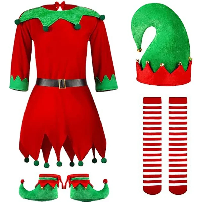 

Red Christmas Children's Clothing Cute Fairy Elf Girl Costume with Hat Dress Santa Claus Up Suit Set