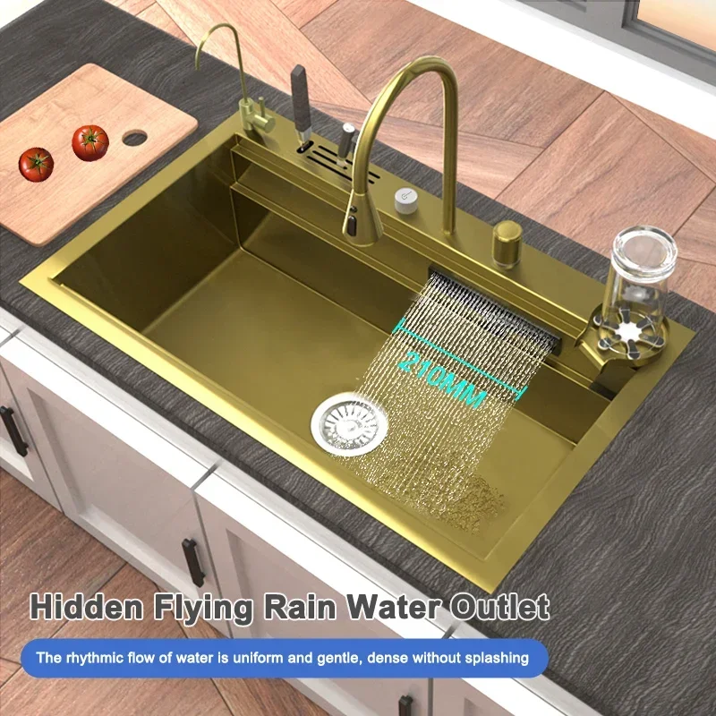 

Waterfall Kitchen Sink Golden Large Single Slot 304 Stainless Steel Sink Household Washbasin Under The Counter Basin for Kitchen