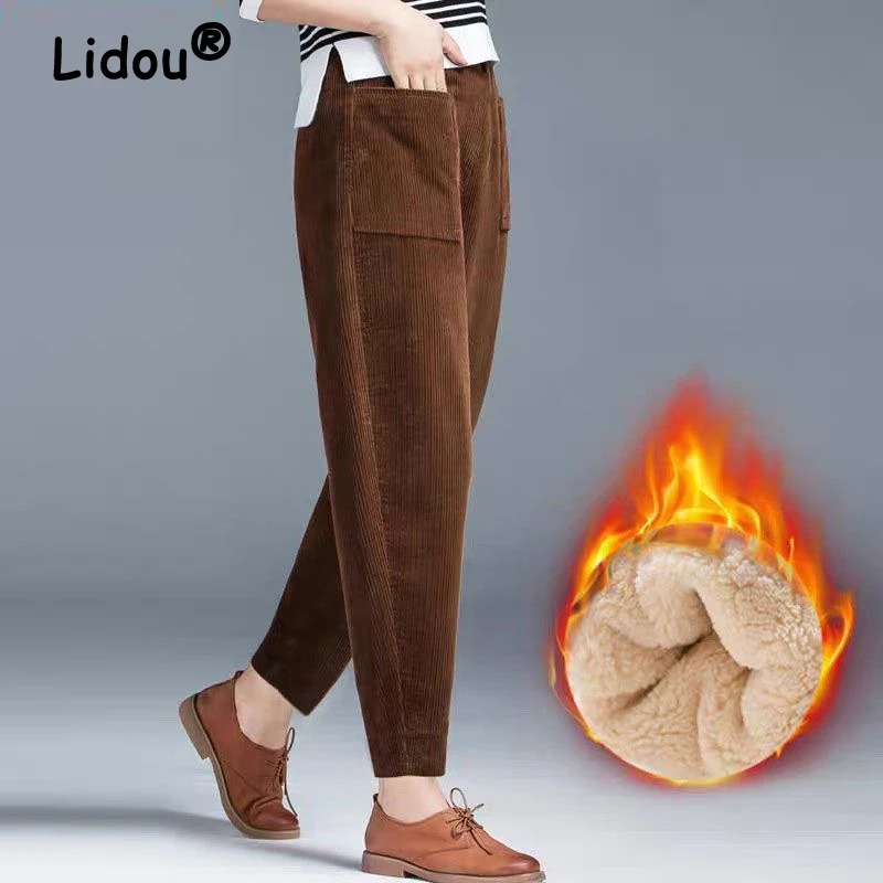 

Women Clothes 2023 Autumn Winter Vintage Corduroy Plush Thick Baggy Harem Pants Casual Streetwear Solid Trousers Looes Pantalon