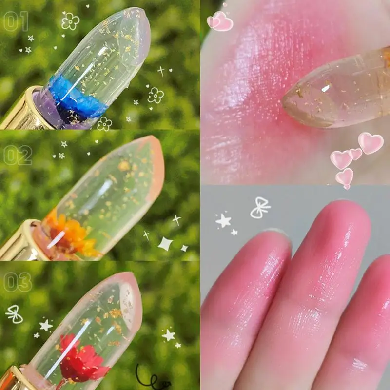 

3 Color Crystal Jelly Lip Balm Lipstick Flower Temperature Color Changing Lip Balm Gloss Transparent Long Lasting Moisturizer