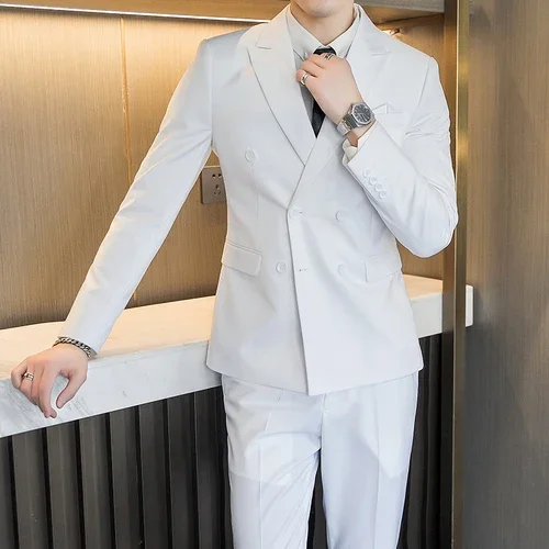 

White Double Breasted Elegant Men Suits Smart Casual Slim Fit Blazers Hombre Business High Quality Custom 2 Piece Set Costume