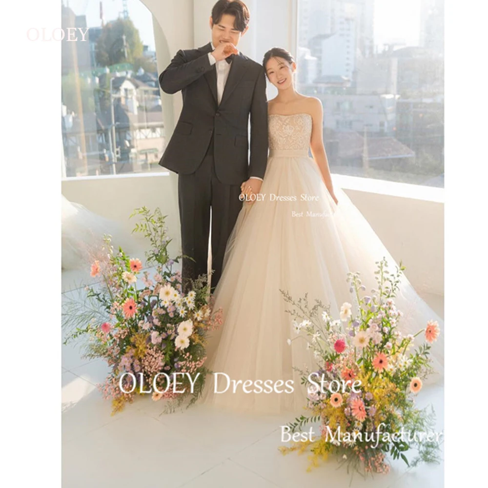 

OLOEY Vintage A Line Tulle Lace Korea Wedding Dresses Photoshoot Sleveless Spring Sweep Train Bridal Gowns Custom Made