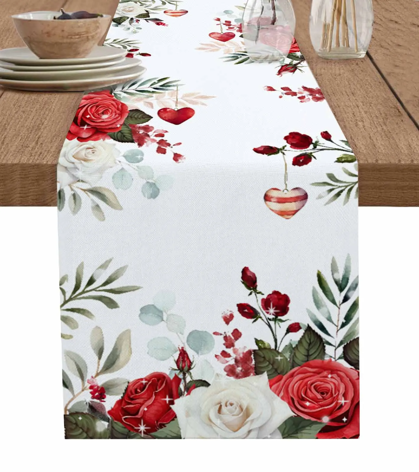 

Valentine Roses Flower Hearts Table Runner Luxury Wedding Decor Table Runner Home Dining Holiday Decor Tablecloth