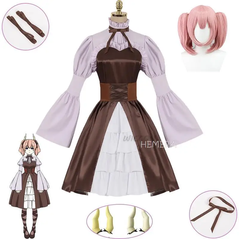 

Anime Frieren Beyond Journey‘s End Costume Women Linie Cos Dress Pink Bunches Wig Role Party Khaki Primrose Horn