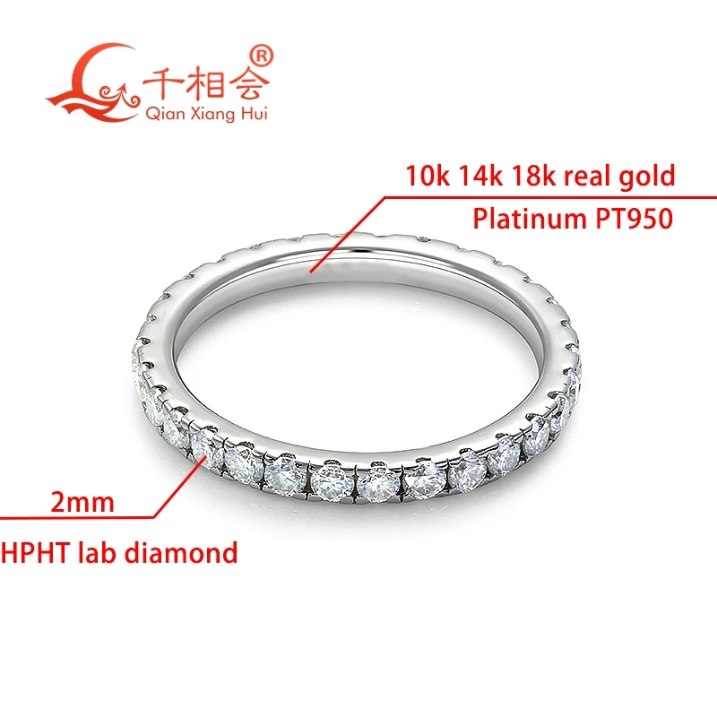 

10k 14k 18k gold Platinum PT950 2mm round D VS1 HPHT diamond Eternity Band ring Jewelry Engagement wedding certificatied