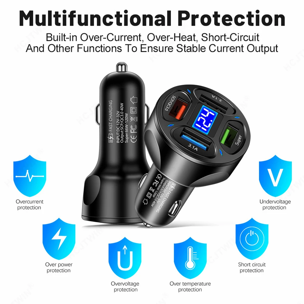 Car Charger 120W 12V/24V 4 USB Ports 66W Fast Charging Cigarette Lighter Adapter LED Voltmeter For Huawei Xiaomi IPhone Samsung
Car Charger 120W 12V/24V 4 USB Ports 66W Fast Charging Cigarette Lighter Adapter LED Voltmeter For Huawei Xiaomi IPhone Samsung