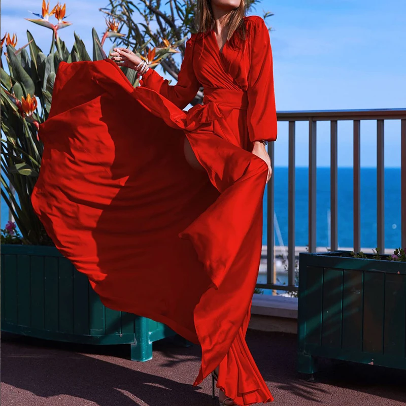 Sexy Solid V-Neck High Split Dresses Elegant Women Long Sleeve Waist Dresses Luxury Autumn Women Lace-up Party Long Dress
Sexy Solid V-Neck High Split Dresses Elegant Women Long Sleeve Waist Dresses Luxury Autumn Women Lace-up Party Long Dress