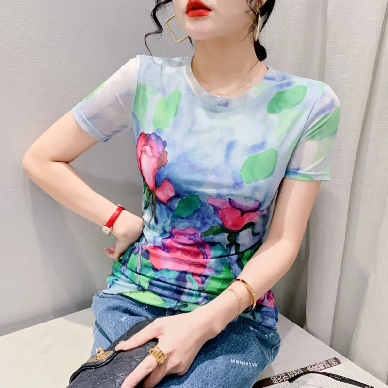 #6161 Tie Dye Floral 3D Printed Mesh T Shirt Women Short Sleeve Thin O-neck Tight Women's T-shirt Vintage T Shirt Sexy Clothes
#6161 Tie Dye Floral 3D Printed Mesh T Shirt Women Short Sleeve Thin O-neck Tight Women's T-shirt Vintage T Shirt Sexy Clothes