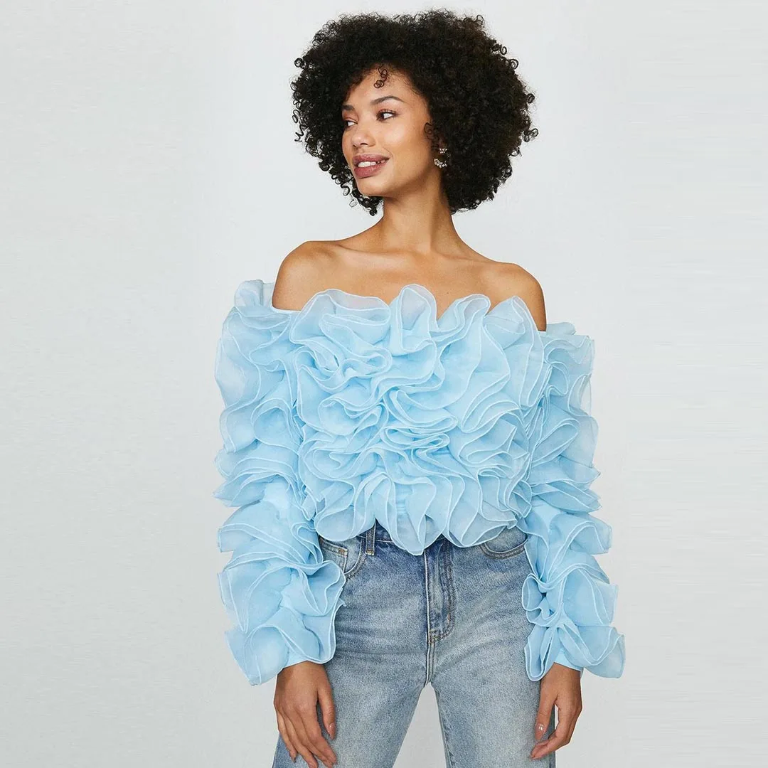 

Puffy Off Shoulders Ruffled Short Tulle Tops Sky Blue Tiered Tutu Summer Blouse Women Fashion Illusion Beach Organza Party Top