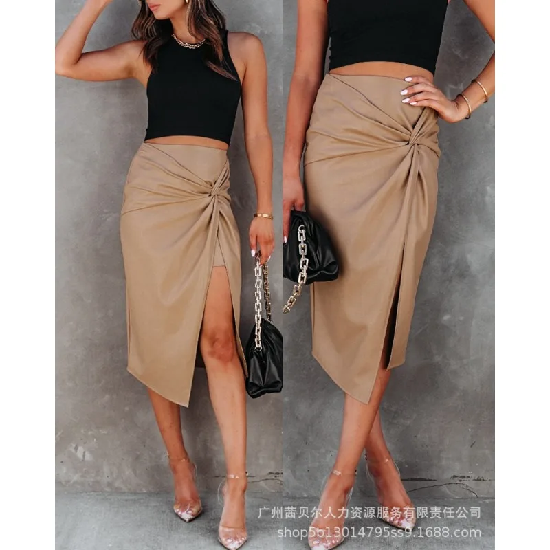 

Twisted Slit PU Leather Asymmetrical Skirt Y2K Chic Clothes Women Elegant High Waist Folds Bodycon Skirt Streetwear