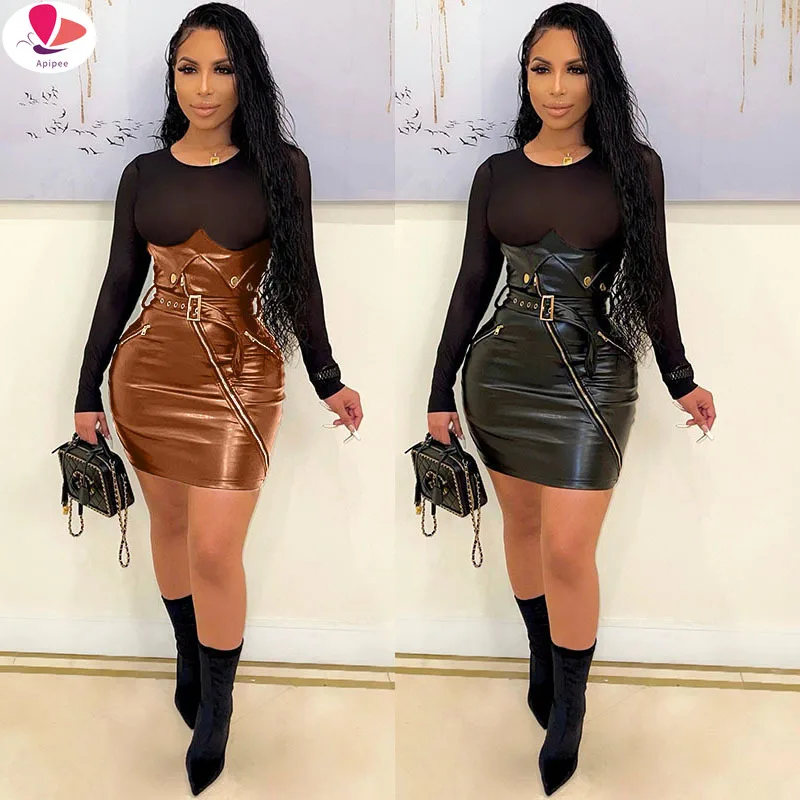 

APIPEE Sheer Mesh Patchwork Mini Corset PU Leather Dress With Belt Women Sexy Long Sleeve Zipper Design Bodycon Club Vestidos