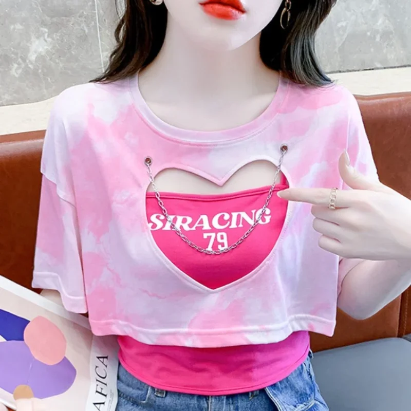 

DAYIFUN-Women's Love Printed T-shirts Hollow Out Design Round Neck Tshirts Female Short-sleeved Tops Summer 2 Pcs New Lady Tees