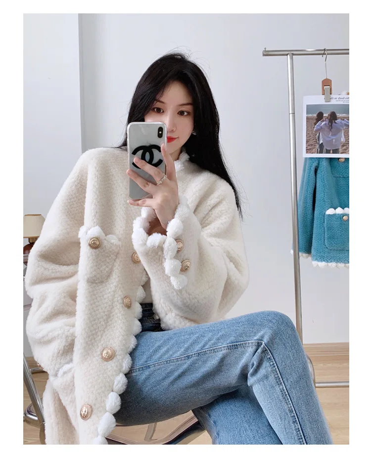 

2023Hot Sale Fashion Sheep Shearling Coat Women's Pure Wool Fur Coats Winter New in Outwears Female Elegant Midium Lamb Wool Ja