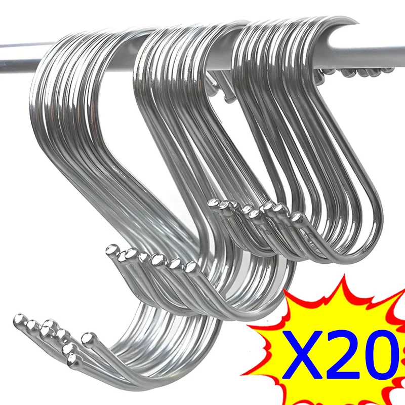 

20/10Pcs Stainless Steel S-Shape Hooks Multi-function Kitchen Bedroom Railing S Hanger Hook Clasp Holder Clothes Hanging Rack