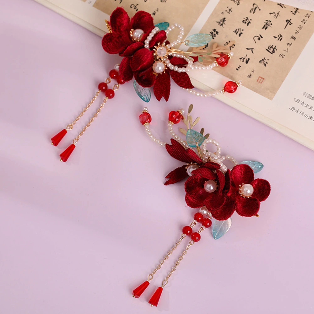 

2PCS Flower Decor Hair Clip with Dangle Chinese Hanfu Headdress Flat Side Pin Spring Metal Hairgrip Hair Jewelry Accessories ML