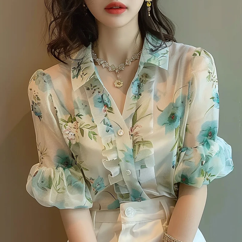 Шифоновая женская рубашка, летняя винтажная блузка с принтом, свободные женские топы с коротким рукавом, модная одежда с цветочным принтом в Корейском стиле, 2024
Шифоновая женская рубашка, летняя винтажная блузка с принтом, свободные женские топы с коротким рукавом, модная одежда с цветочным принтом в Корейском стиле, 2024