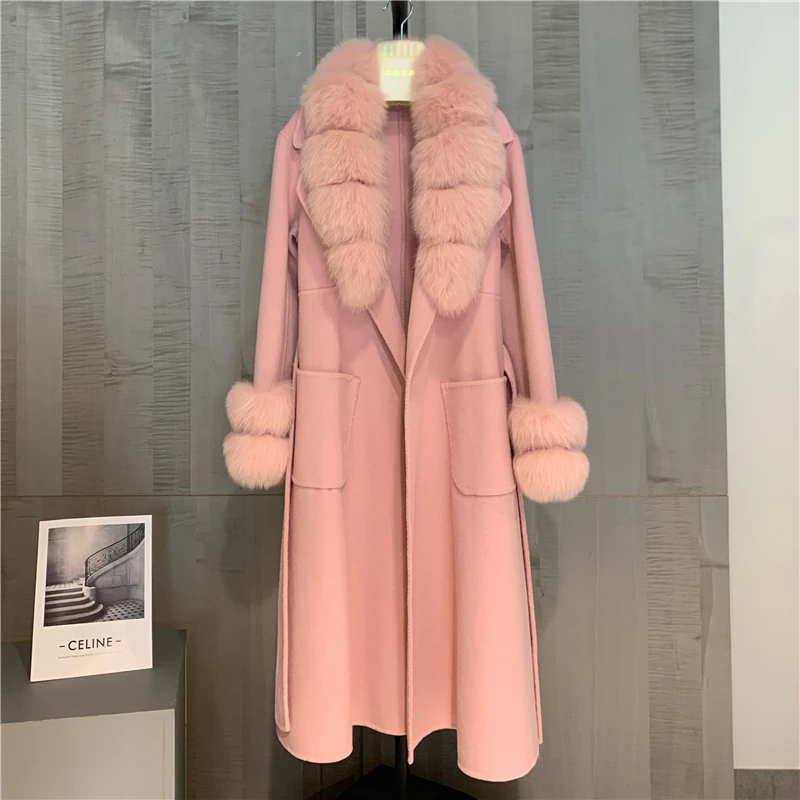 

2023 New Big Fox Fur Collar Double-sided Wool Cashmere Coat Fashion Thick Lapel Long Sleeve Lace-up Jacket Traf Tweed Jacket Win