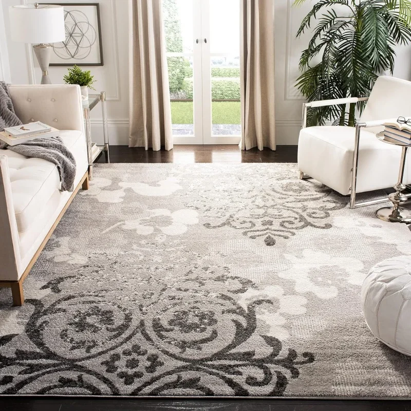 

SAFAVIEH Adirondack Collection Area Rug - 9' x 12', Silver & Ivory, Floral Glam Damask Distressed Design, Non-Shedding &