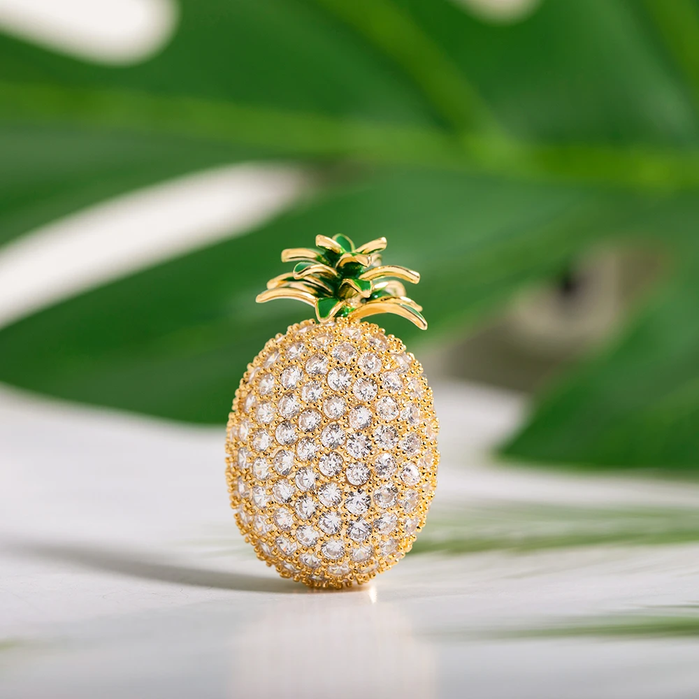 

Dazzling Pineapple Copper Pins Full Zircon Paved Fruit Brass Brooches For Women Girls Coat Dress Sweater Party Jewlery