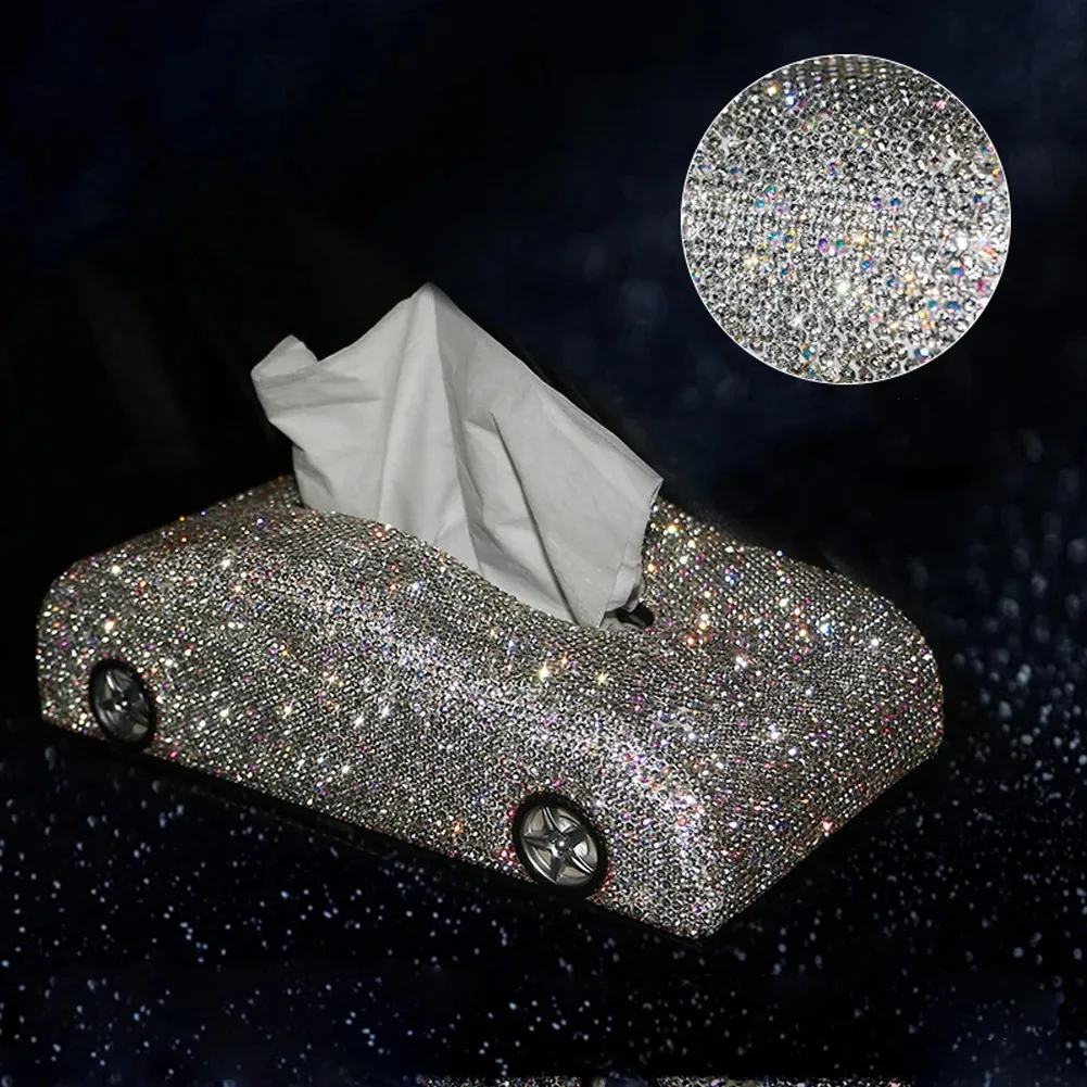 

Shiny White Bling Bling Crystals Tissue Box Cover for Home Office Car Paper Towel Case Boxes Tissue Box Holder for Car
