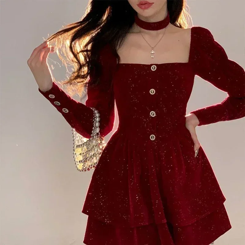 Autumn Winter Christmas Red Gold Elegant Velvet Dresses for Women Frent Vintage Mini Dress Korean Fashion Party Y2k Black Dress
Autumn Winter Christmas Red Gold Elegant Velvet Dresses for Women Frent Vintage Mini Dress Korean Fashion Party Y2k Black Dress