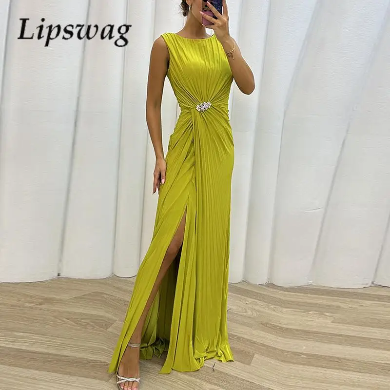 Elegant Solid Color Sleeveless Slim Ball Dress Women O-Neck Pleated Waist Dress Fashion Temperament Pleated Split Long Dresses
Elegant Solid Color Sleeveless Slim Ball Dress Women O-Neck Pleated Waist Dress Fashion Temperament Pleated Split Long Dresses