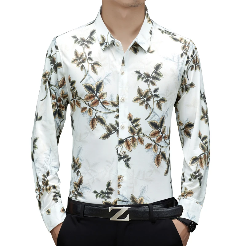 

Spring Autumn Leaves Print Men's Shirt Fashion Slim Fit Long Sleeve Shirts Male Casual Business Office Blouse Daily NightClub