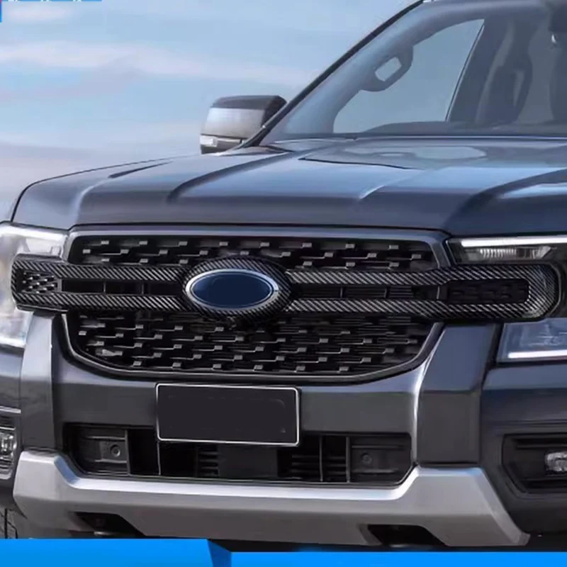 

5 шт. для Ford Ranger 2023 2024, углеродное волокно, Черная передняя зеркальная решетка для капота, молдинговая крышка, отделка, внешние аксессуары