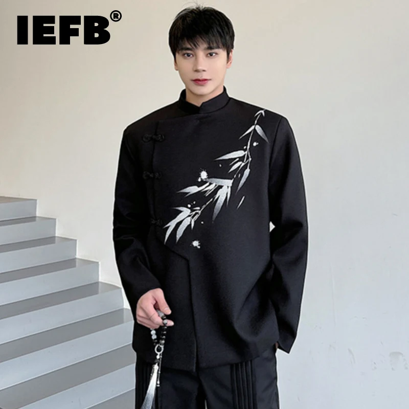 

IEFB Men's Jackets New Chinese Style Stand Collar Knot Button Bamboo Printing Contrast Color Male Short Coats Spring Tide 9C4955