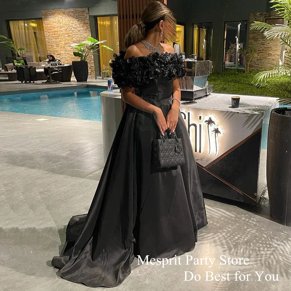 

Black Prom Dresses Off The Shoulder Boat Neck Flowers A Line Satin Banquet Party Gown Sweep Train Saudi Evening Dress