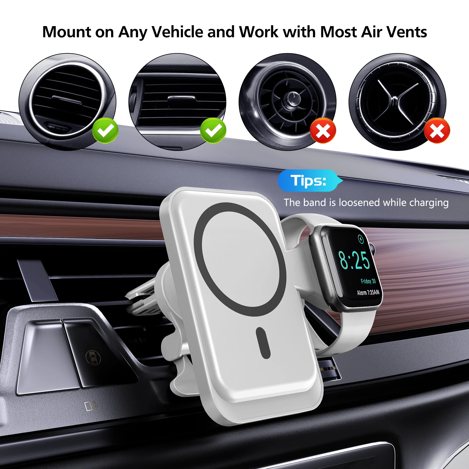 Wireless Charger For Iphone 12 and iwatch Stable Stand Air Vent Car Holder Quick Adapter
Wireless Charger For Iphone 12 and iwatch Stable Stand Air Vent Car Holder Quick Adapter