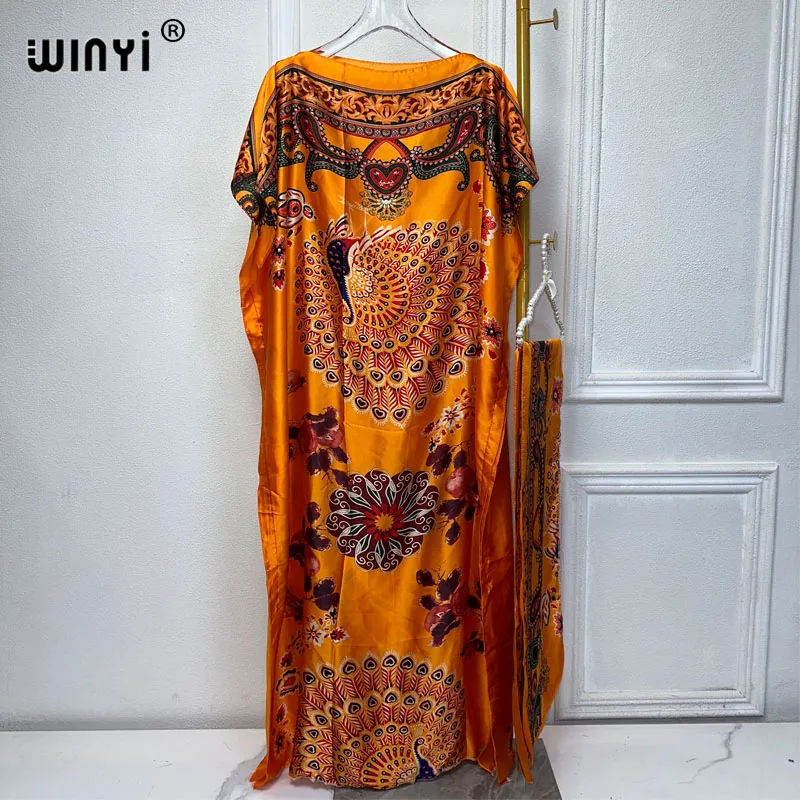 

WINYI 2024 New African Women Dashiki boho print muslim woman dubai Free Size Design With Scarf Maxi Loose African Elegant Dress