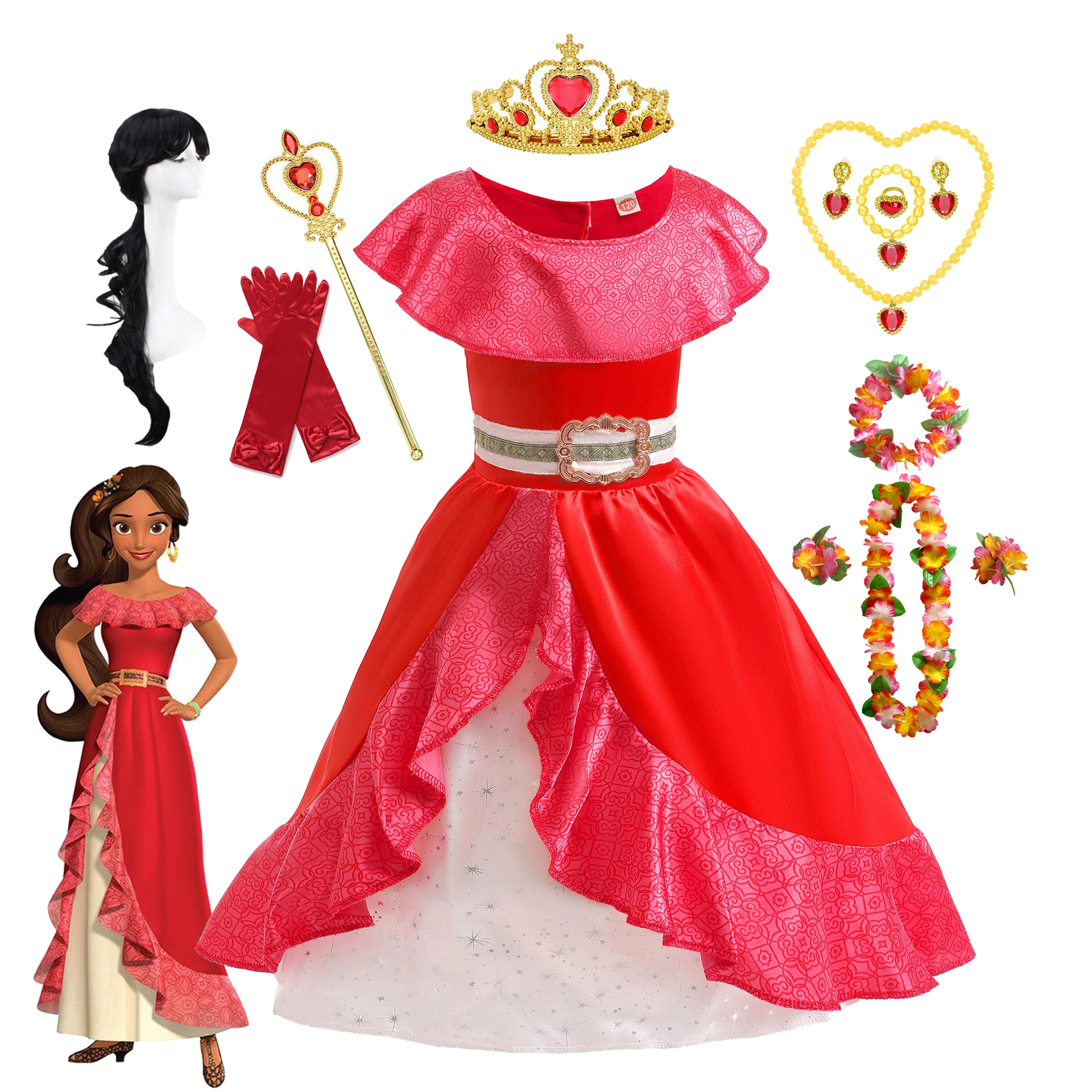 

Elena Of Avalor Princess Costume Girl Disney Anime Role Play Clothes Halloween Carnival Cosplay Outfit Kid Red Ruffle Long Dress