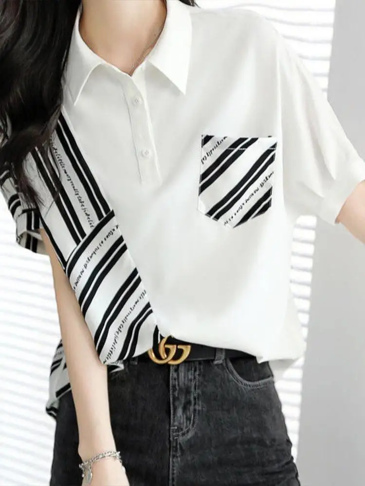 Fashionable Casual Striped Patchwork Short Sleeved T-shirt Summer Casual Loose Slimming Versatile Tops Fashion Clothes for Women Fashionable Casual Striped Patchwork Short Sleeved T-shirt Summer Casual Loose Slimming Versatile Tops Fashion Clothes for Women